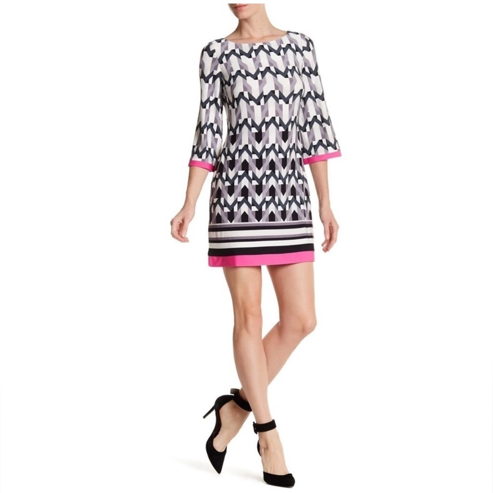 ELIZA J BLACK WHITE GRAY PINK 3/4 Sleeve Geometric Print Shift Dress 2